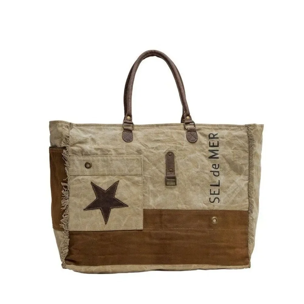Myra Bag Handmade Winsta Weekender Bag Upcycled Canvas & Cowhide Leather